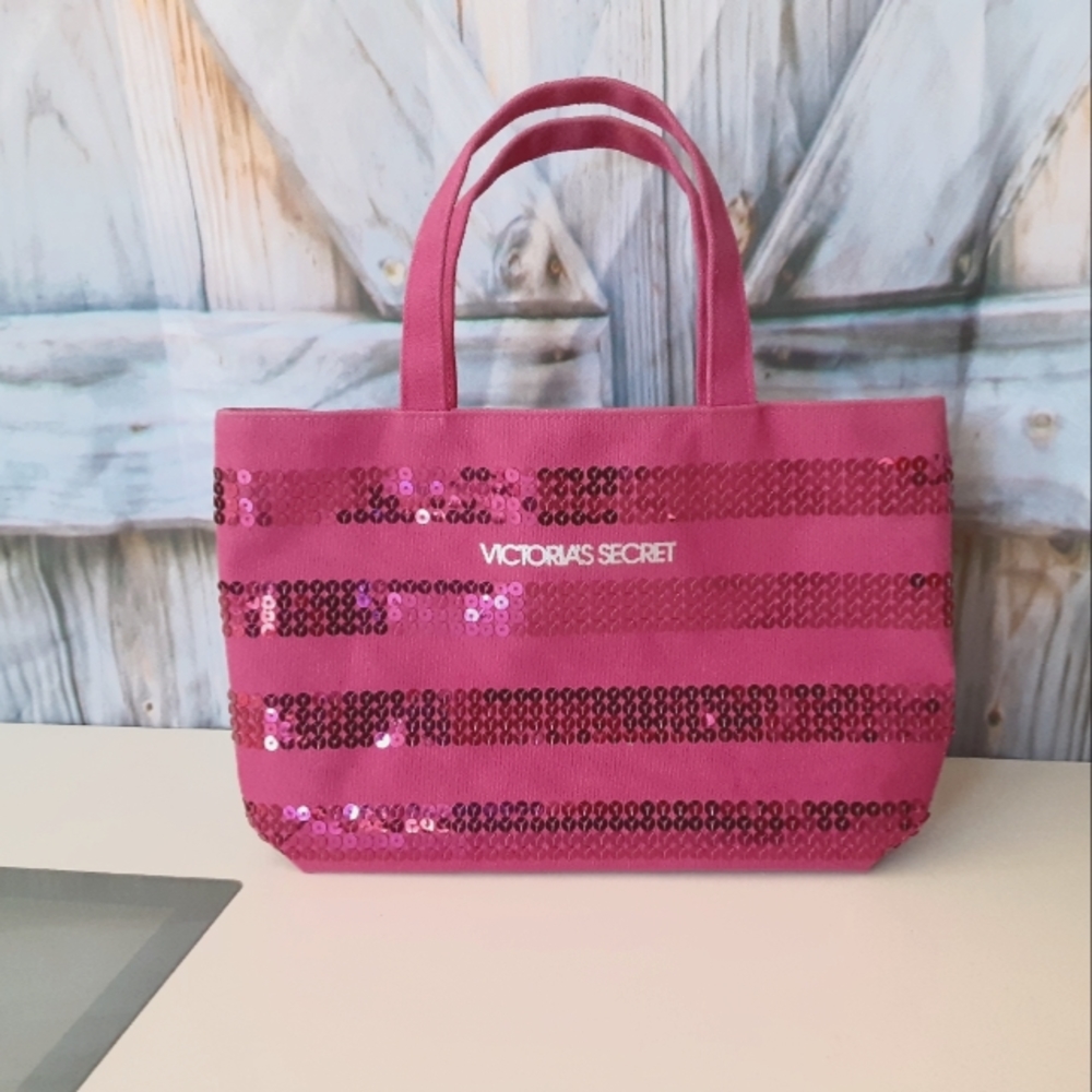 Victoria's Secret Signature Striped Pink Purse Tote SPARKLY BLING sequined Bag